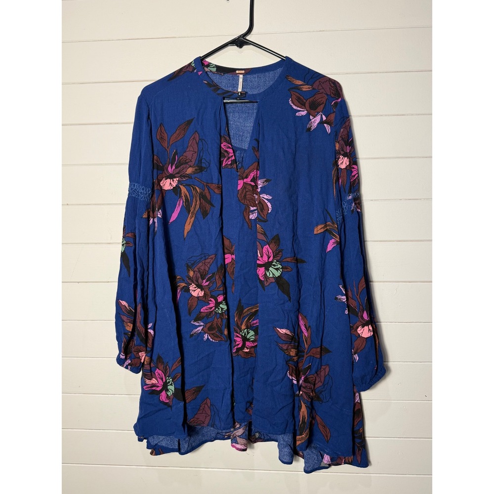 Free People Blue Floral Rayon Boho Peasant Tunic Dress Womens Size XS Ovrsized